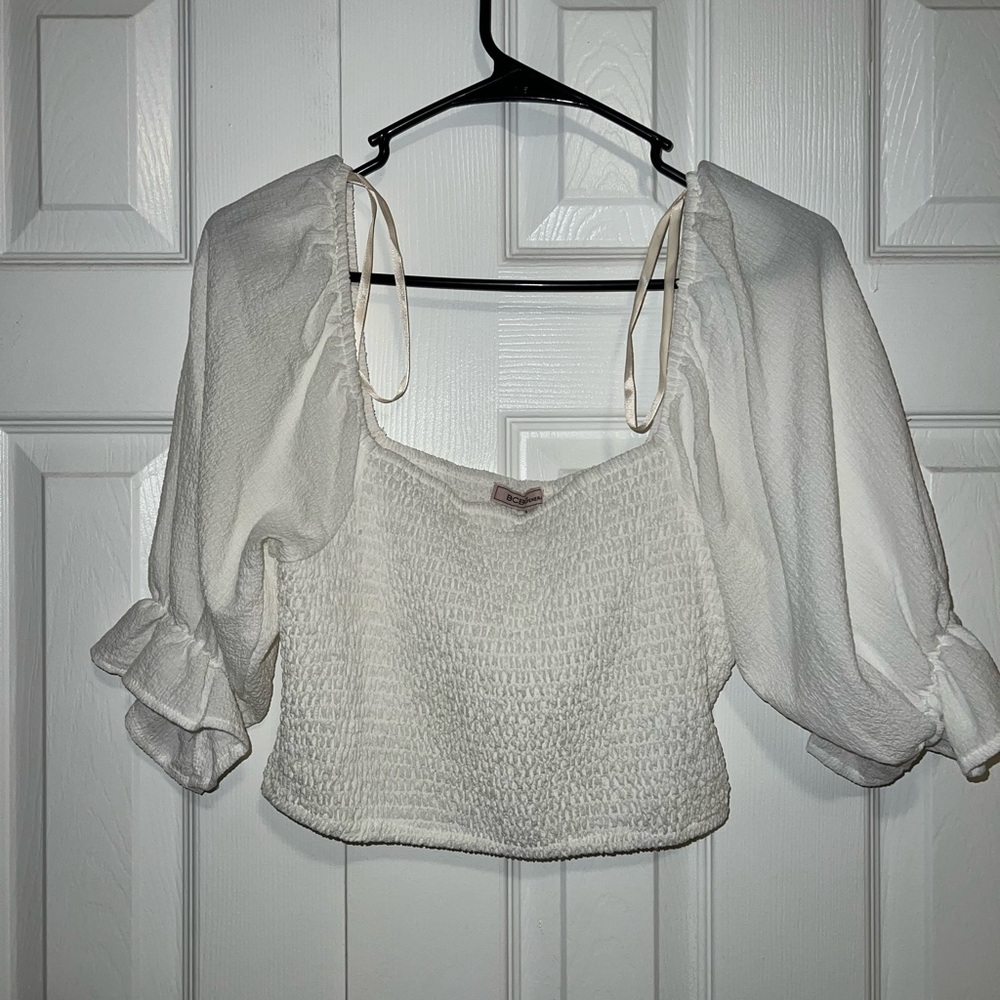 BCBGeneration White Smocked Blouse with Puff Sleeves